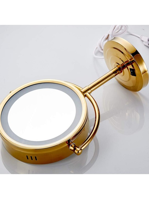 Gold LED Lighted Makeup Mirror with 10X Magnification, Three Colors Lights, 360°Swivel Extendable Bathroom Mirror, Tabletop Two-Sided, 8.5 inch