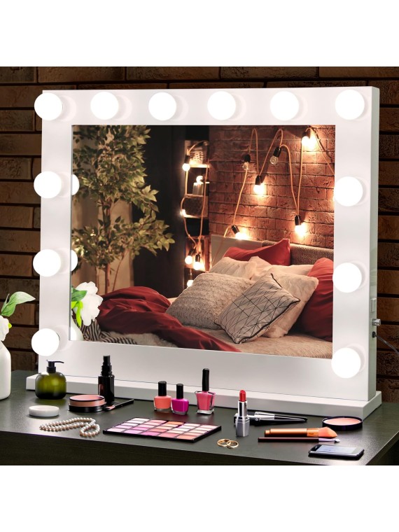 Makeup Vanity Mirror with Lights, Tabletop LED Hollywood Mirror with 12 Dimmable Bulbs, 3 Color Modes, Gift for Momen