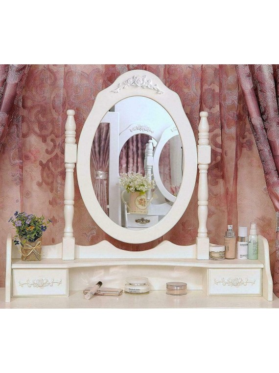 White Vanity Jewelry Makeup Dressing Table Set W/Stool 4 Drawer Mirror Wood Desk