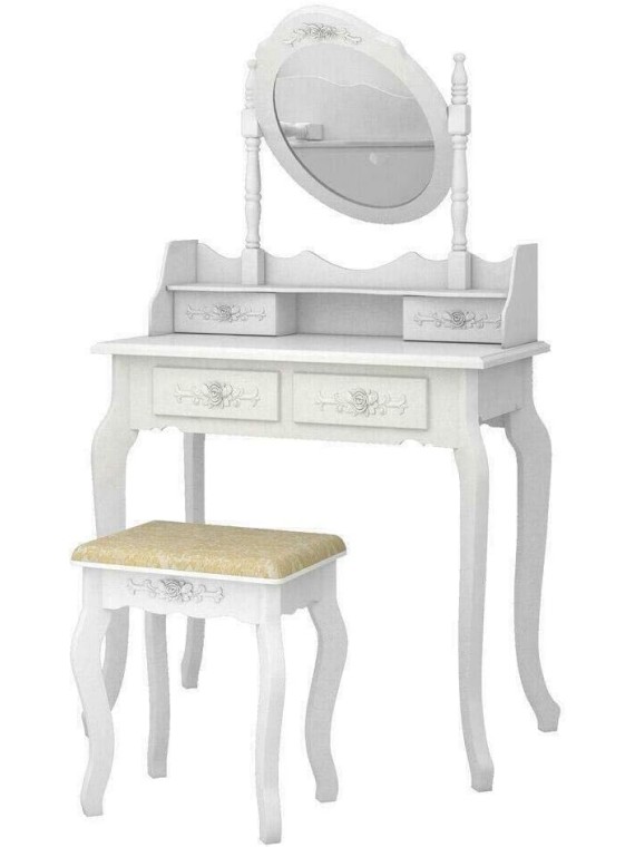 White Vanity Jewelry Makeup Dressing Table Set W/Stool 4 Drawer Mirror Wood Desk