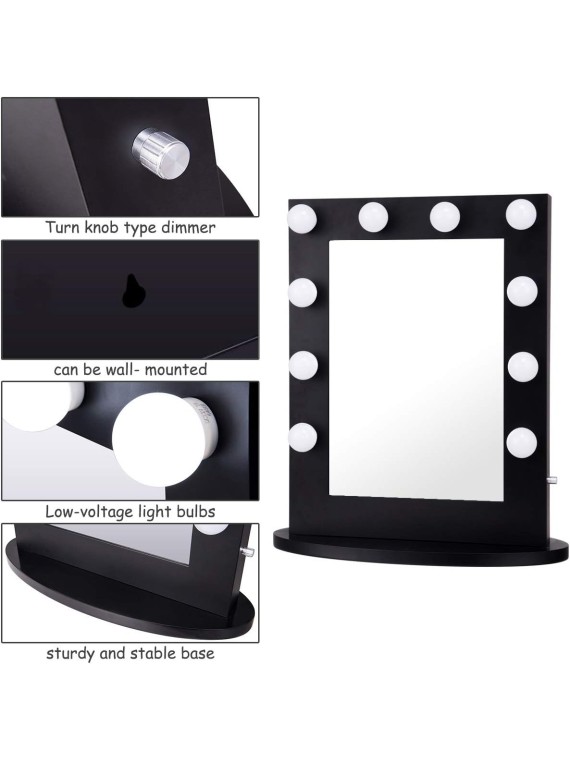 Hollywood Makeup Vanity Mirror W/Light Tabletops Lighted Mirror Dimmer LED Illuminated Cosmetic Mirror W/LED Dimmable Bulbs (Black - Oval)