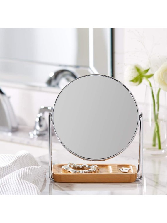 Basics Vanity Round Tabletop Mount Mirror with Squared Bamboo Tray Magnification, Chrome & Bamboo, 7.2"L x 3.35"W