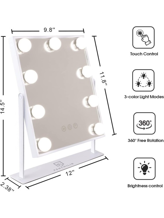 Vanity Mirror with Lights Lighted Makeup Mirror Makeup Vanity Mirror Smart Touch Control 3 Colors Dimmable Hollywood Mirror with Lights 10X Magnification 360° Rotation White