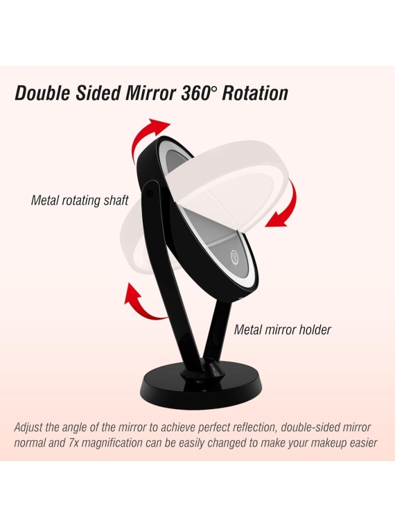 Double-Sided 1x/7x Magnification LED Makeup Mirror with Lights, Lighted Vanity Mirror USB Chargeable, Touch Sensor Control 3 Light Settings Illuminated Countertop Mirrors