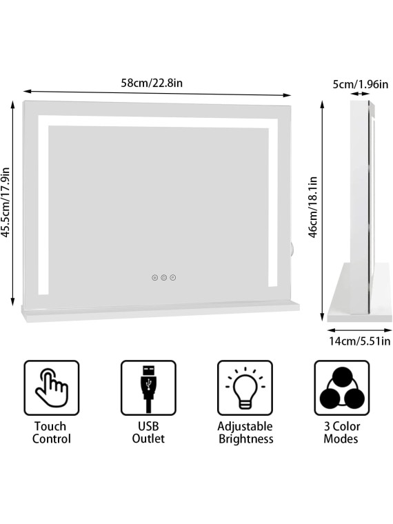 Vanity Mirror with Lights, Tabletop Wall-Mounted Makeup Mirror with Dimmable 3 Modes LED Backlit Light Strip,Touch Screen Control Cosmetic Mirror with USB Outlet, 22.8" W x 17.5" H