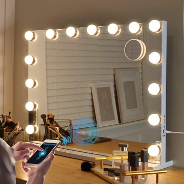 Vanity Mirror with Lights and Speaker Hollywood Speaker Support Answer Call, Touch Screen, 3 Color Modes Tabletop 15 Dimmable Bulbs