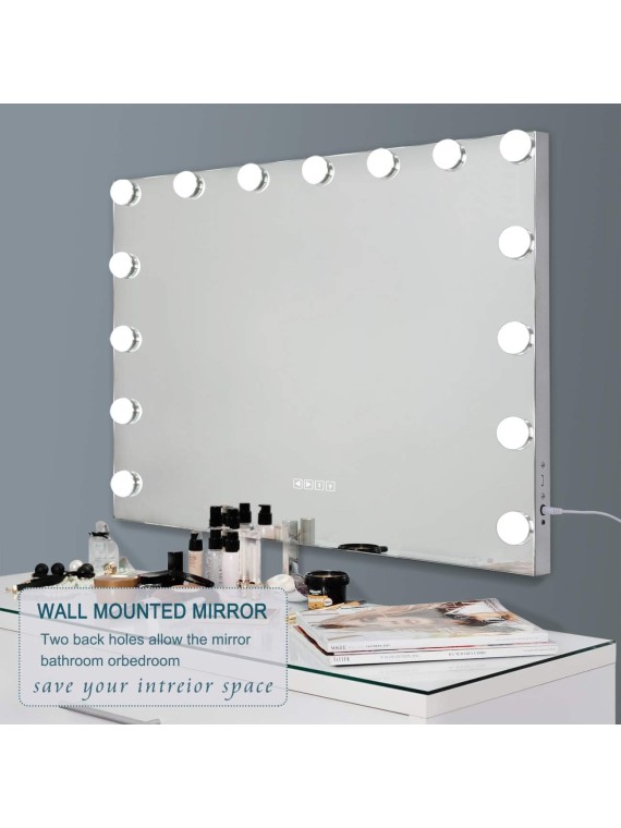 Vanity Mirror with Lights and Speaker Hollywood Speaker Support Answer Call, Touch Screen, 3 Color Modes Tabletop 15 Dimmable Bulbs