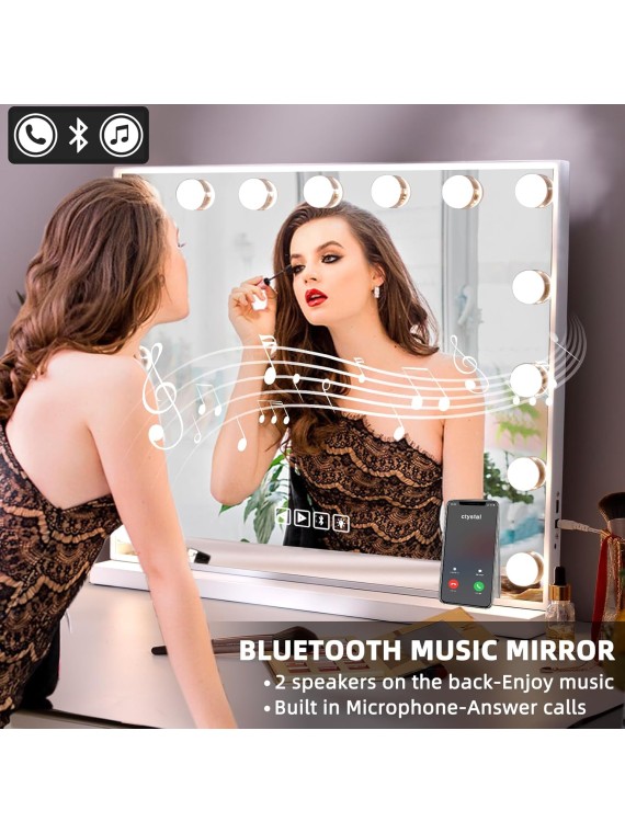 Hollywood Vanity Mirror with Lights, Bluetooth, 15 LED Bulbs, 3 Lighting Modes - White