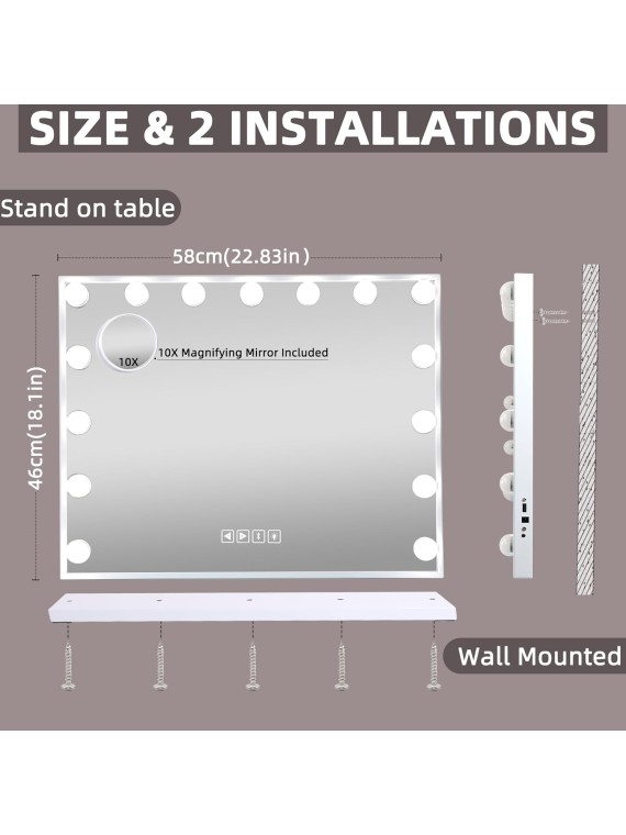 Hollywood Vanity Mirror with Lights, Bluetooth, 15 LED Bulbs, 3 Lighting Modes - White