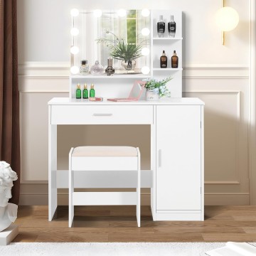 Makeup Vanity Desk for Valentine's Day, Vanity Desk Set with 1 Drawer, 1 Cabinet & 3 Shelves, Makeup Vanity Table with Stool for Bedroom, 3 Lighting Modes & Brightness Adjustable, White