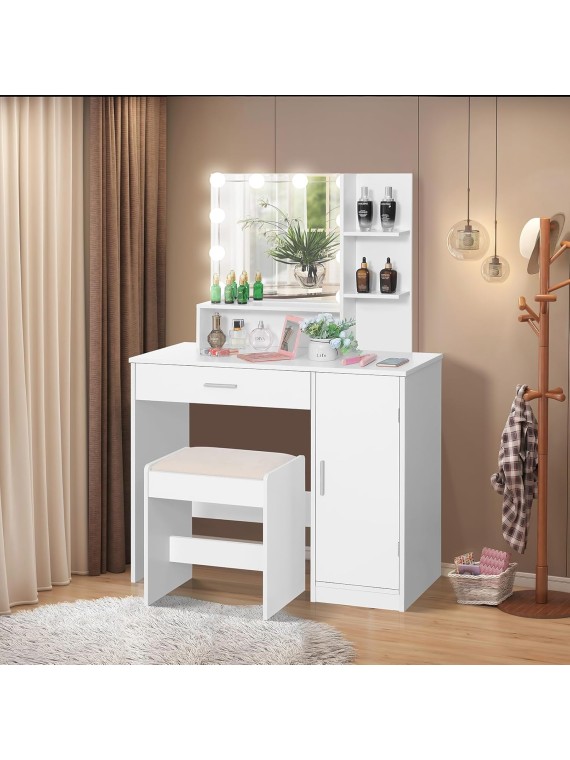 Makeup Vanity Desk for Valentine's Day, Vanity Desk Set with 1 Drawer, 1 Cabinet & 3 Shelves, Makeup Vanity Table with Stool for Bedroom, 3 Lighting Modes & Brightness Adjustable, White