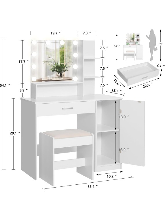 Makeup Vanity Desk for Valentine's Day, Vanity Desk Set with 1 Drawer, 1 Cabinet & 3 Shelves, Makeup Vanity Table with Stool for Bedroom, 3 Lighting Modes & Brightness Adjustable, White