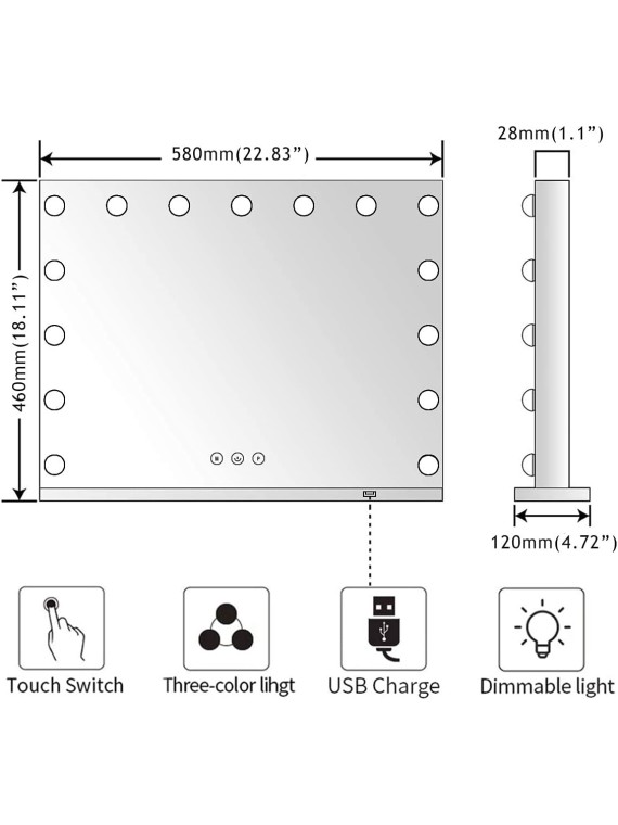 Hollywood Vanity Makeup Mirror with Lights 15 Lights Lighted Vanity Mirror Dimmable 3 Color LED Makeup Vanity Mirror for Bedroom Makeup Table Dressing USB Magnifier LED Light up Makeup Mirror