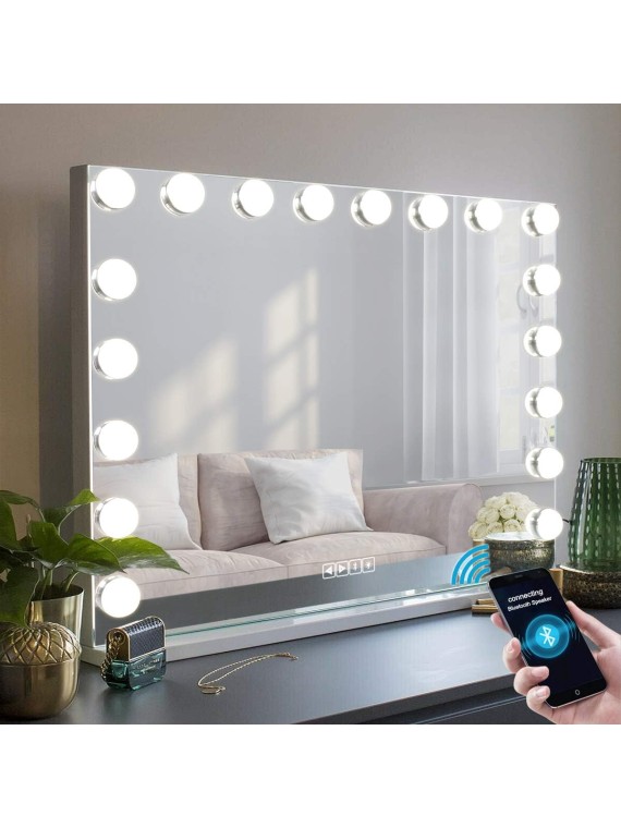 Hollywood Vanity Mirror with Lights and Speaker, Hollywood Lighted Makeup Mirror with 18pcs Dimmable Bulbs, USB Charging and 3 Color Lighting Modes for Dressing Room & Bedroom