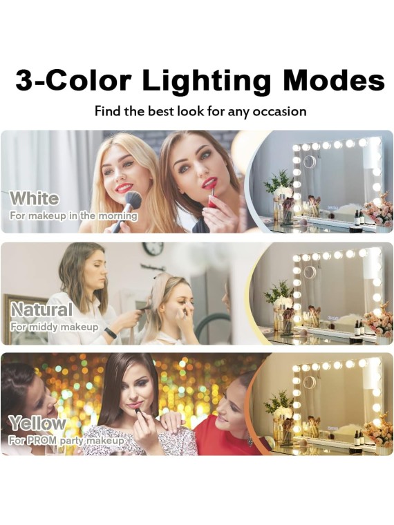 Hollywood Vanity Mirror with Lights and Speaker, Hollywood Lighted Makeup Mirror with 18pcs Dimmable Bulbs, USB Charging and 3 Color Lighting Modes for Dressing Room & Bedroom