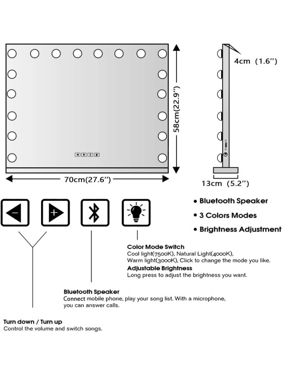 Hollywood Vanity Mirror with Lights and Speaker, Hollywood Lighted Makeup Mirror with 18pcs Dimmable Bulbs, USB Charging and 3 Color Lighting Modes for Dressing Room & Bedroom