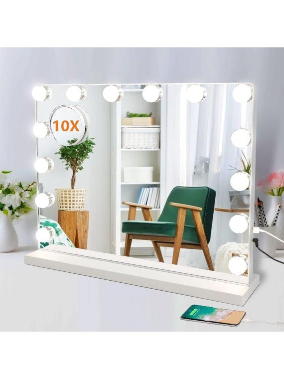 Makeup Vanity Mirror Light, Professional Plug in Light-up Mirror, Hollywood Lighted Vanity Mirror, 3 Color Dimmable Modes with Removable Magnification for Table Beauty Mirror 20 x 16 In, White