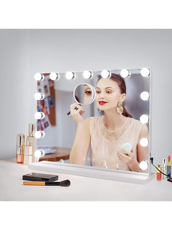 Vanity Mirror with Lights, 23In Hollywood Large Lighted Makeup Mirror with Smart Touch Control Screen & USB-Powered 15 Dimmable LED Lights for Dressing Room, Bedroom, Tabletop, White