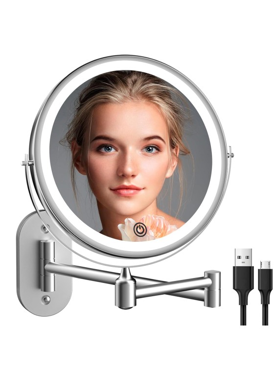 Rechargeable Wall Mounted Lighted Makeup Vanity Mirror 8 inch 1X/10X Magnifying Bathroom Mirror with 3 Color Lights, Double Sided with Dimmable LED Lights, Extended Arm 360° Swivel Extension Mirror