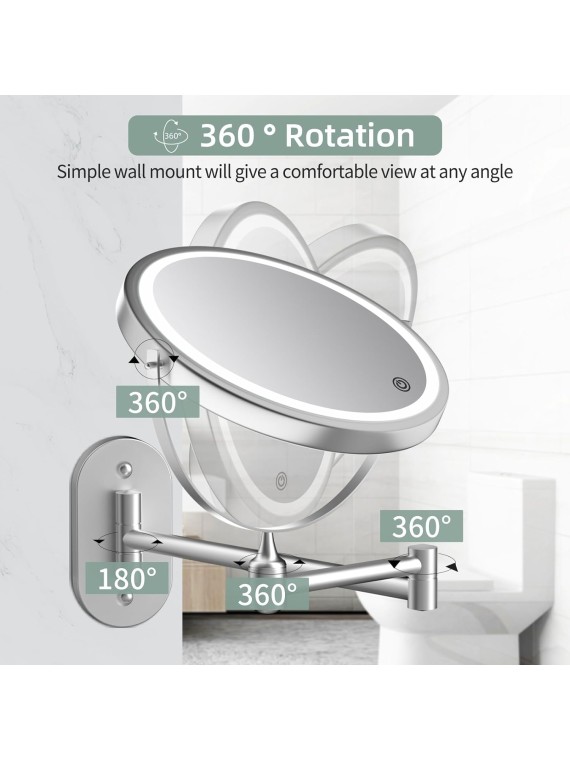 Rechargeable Wall Mounted Lighted Makeup Vanity Mirror 8 inch 1X/10X Magnifying Bathroom Mirror with 3 Color Lights, Double Sided with Dimmable LED Lights, Extended Arm 360° Swivel Extension Mirror