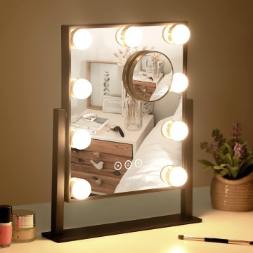 Large Vanity Mirror with Lights, Hollywood Lighted Makeup Mirror with 9 Dimmable LED Bulbs for Dressing Room & Bedroom, Lighted Makeup Mirror with Detachable 10x Magnification, (Black)