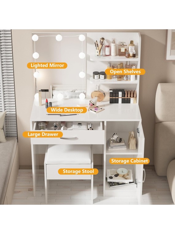 Makeup Vanity with Lights, Vanity Desk with Mirror and Lights Set, Large Drawer and Two-Tier Lots Storage Cabinet Dresser, 3 Lighting Modes Adjustable Brightness, Makeup Table for Bedroom, White