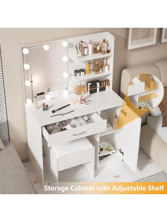 Makeup Vanity with Lights, Vanity Desk with Mirror and Lights Set, Large Drawer and Two-Tier Lots Storage Cabinet Dresser, 3 Lighting Modes Adjustable Brightness, Makeup Table for Bedroom, White