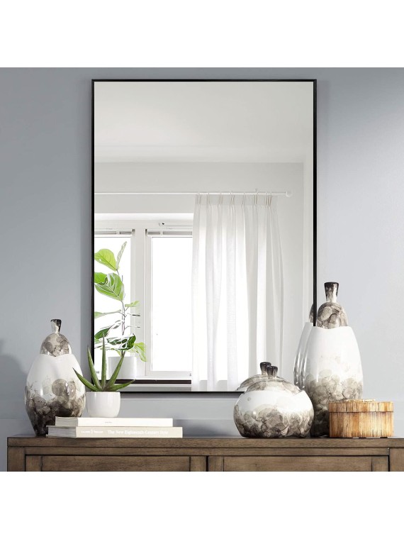 Wall-Mounted Mirror Rectangular Hanging Mirror Metal Framed Wall Mirror, Best for Bathroom, Washroom, Bedroom, Living Room, Black, 38"x26"