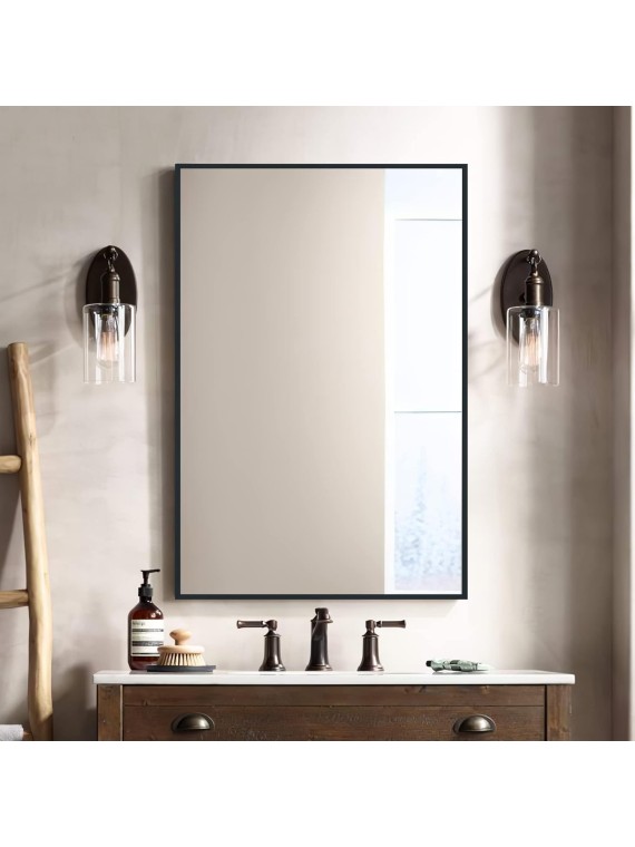 Wall-Mounted Mirror Rectangular Hanging Mirror Metal Framed Wall Mirror, Best for Bathroom, Washroom, Bedroom, Living Room, Black, 38"x26"