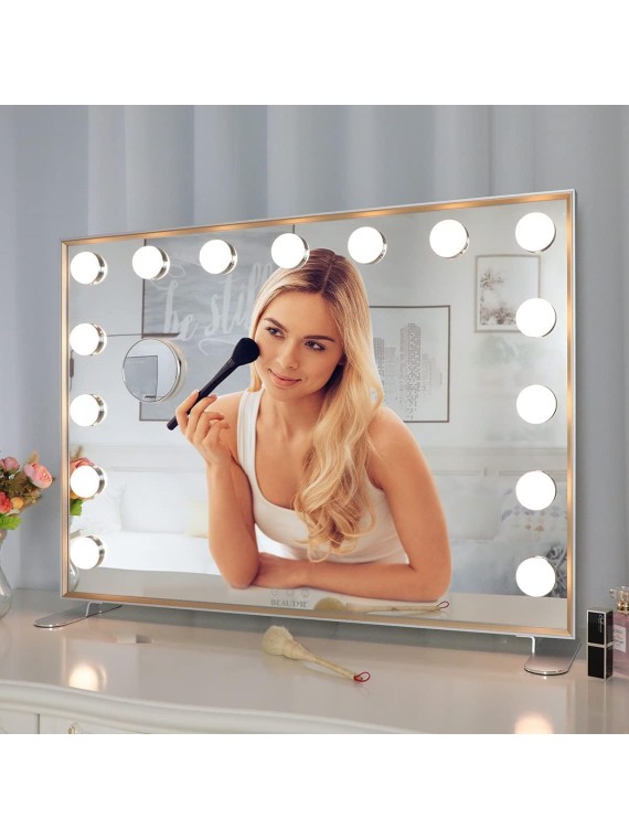 30"x22" Lighted Vanity Makeup Mirror with 15pcs LED Bulbs, Hollywood Vanity Mirror with Lights, 10X Magnification and 3 Color Light Modes, Perfect for Dressing Room Tabletop