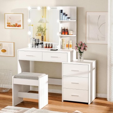 43.5in Large Vanity Desk with Mirror and 10 LED Lights, Makeup Vanity Table with Lights and 5 Drawers, White Vanity Table Vanity Set with Storage Shelves and Stool for Women Girls, White