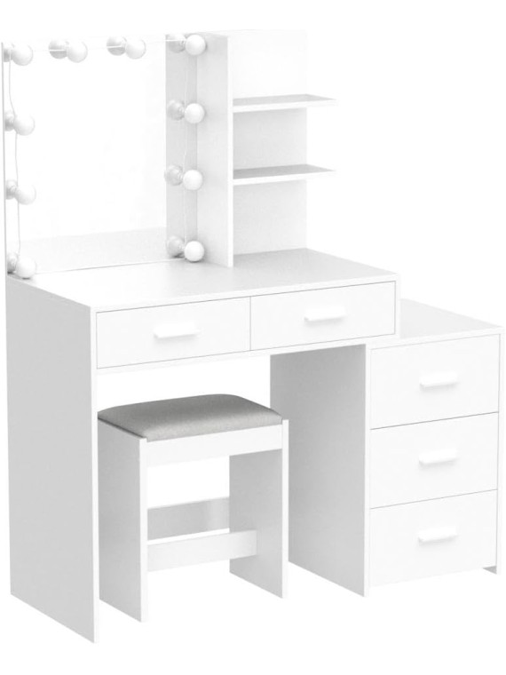 43.5in Large Vanity Desk with Mirror and 10 LED Lights, Makeup Vanity Table with Lights and 5 Drawers, White Vanity Table Vanity Set with Storage Shelves and Stool for Women Girls, White