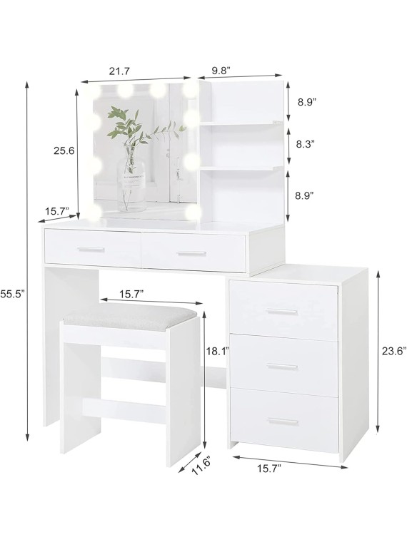 43.5in Large Vanity Desk with Mirror and 10 LED Lights, Makeup Vanity Table with Lights and 5 Drawers, White Vanity Table Vanity Set with Storage Shelves and Stool for Women Girls, White