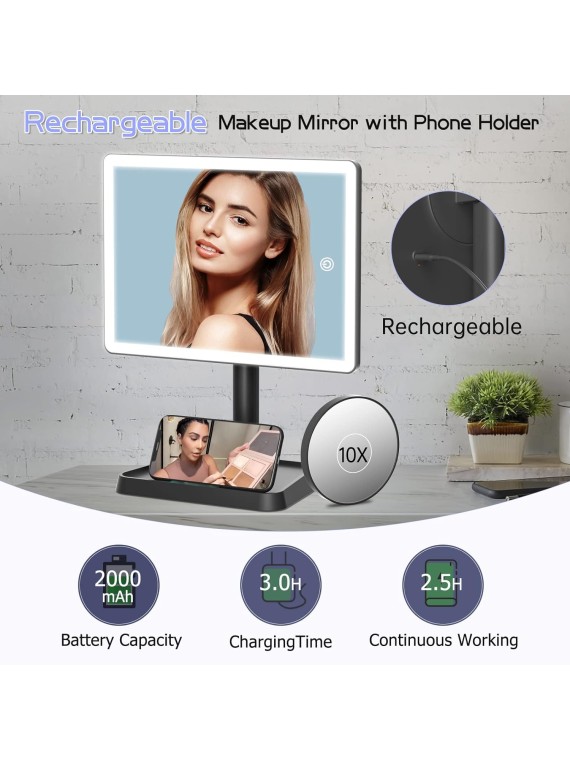 Rechargeable Makeup Vanity Mirror with Lights, Large Lighted Desk Makeup Mirror with 96 LED Lights and 10x magnifying Mirror, 3 Color Lighting, Make up Light Mirror with Phone Holder