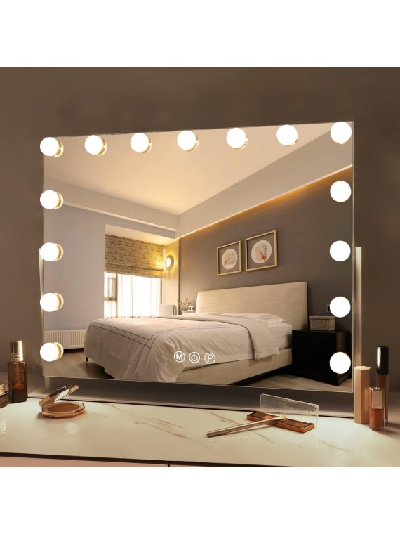 Vanity Mirror with Lights, White Hollywood Lighted Makeup Mirror with 15 Dimmable LED Bulbs Rotation for Dressing Room & Bedroom, Living Room