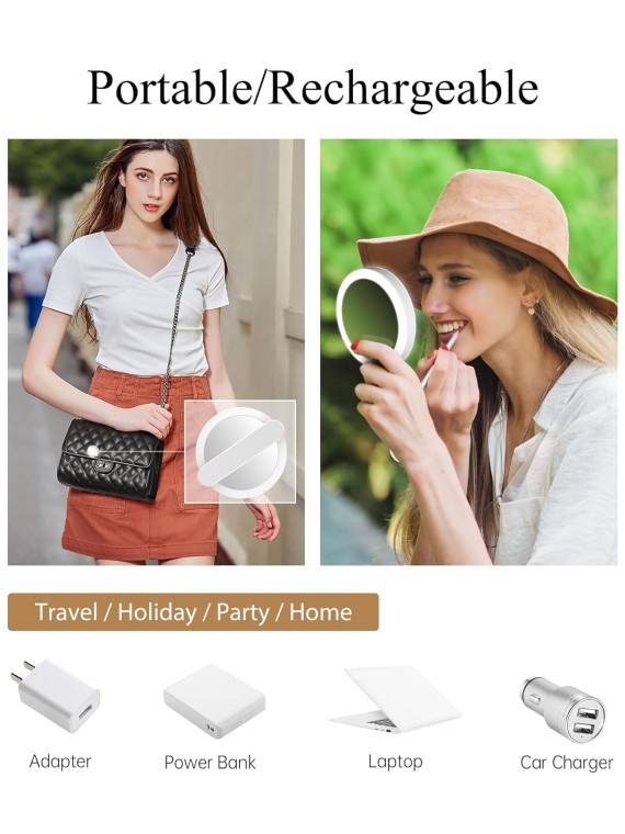 Handheld Mirror with Lights, 1X 10X Double Sided Magnifying Mirror with Swivel Handle, Perfect for Travel, Compact, Pocket, Purse, Folding, with USB Charging