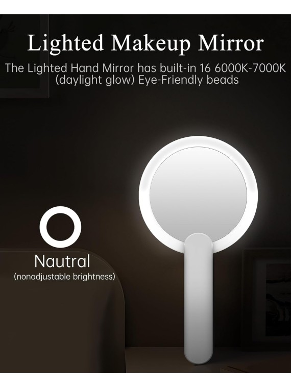 Handheld Mirror with Lights, 1X 10X Double Sided Magnifying Mirror with Swivel Handle, Perfect for Travel, Compact, Pocket, Purse, Folding, with USB Charging