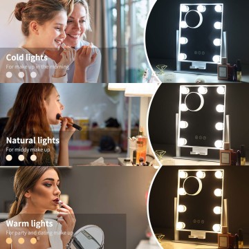 Makeup Mirror with Lights,Light up Vanity Mirror with 3 Color Lighting Modes,Desk Mirror, Detachable 10X Magnification Mirror, Touch Control,360 Rotation,Metal,White