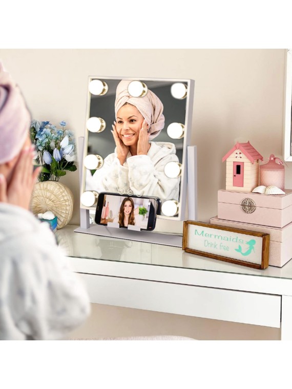 Makeup Mirror with Lights,Light up Vanity Mirror with 3 Color Lighting Modes,Desk Mirror, Detachable 10X Magnification Mirror, Touch Control,360 Rotation,Metal,White