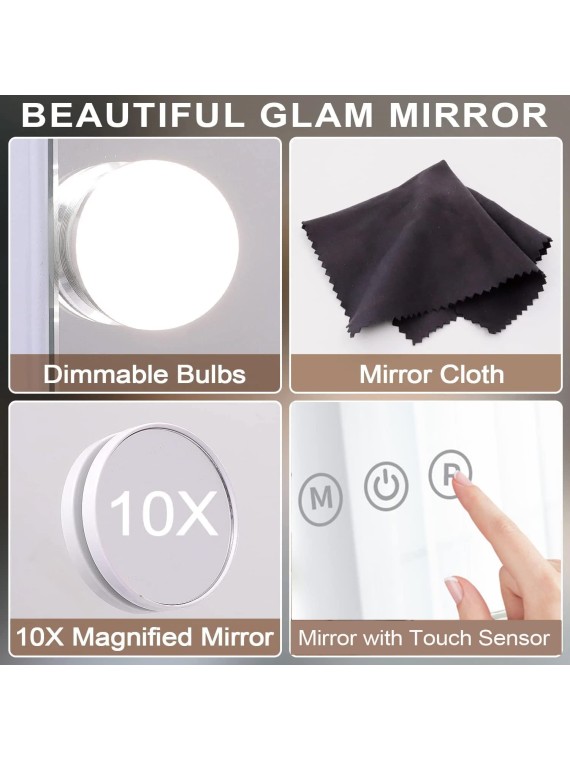 Makeup Mirror with Lights,Light up Vanity Mirror with 3 Color Lighting Modes,Desk Mirror, Detachable 10X Magnification Mirror, Touch Control,360 Rotation,Metal,White