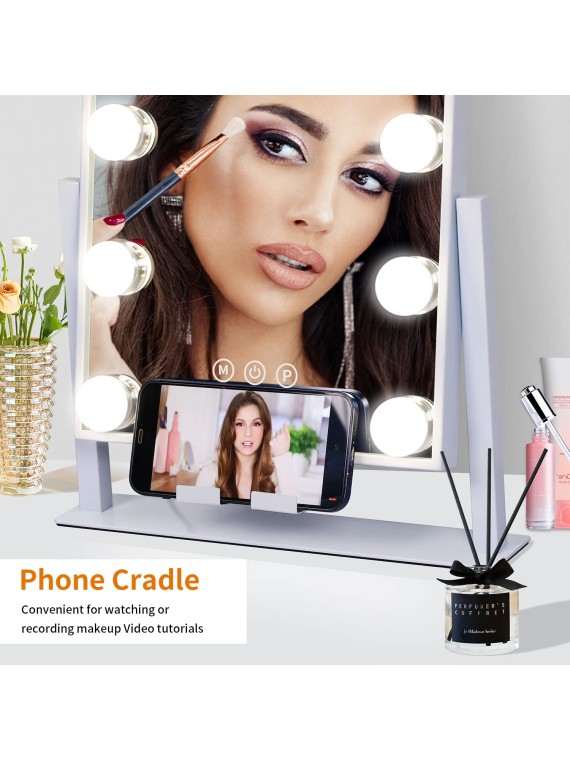 Makeup Mirror with Lights,Light up Vanity Mirror with 3 Color Lighting Modes,Desk Mirror, Detachable 10X Magnification Mirror, Touch Control,360 Rotation,Metal,White