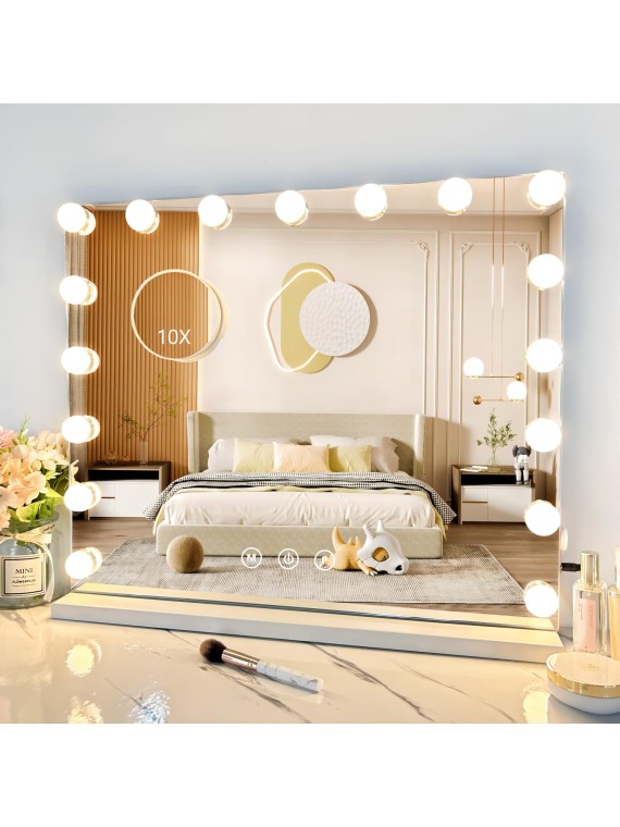 Vanity Mirror with Lights,Makeup Mirror with Lights with 17 Dimmable LED Bulbs, 3 Color Lighting Modes Detachable 10X Magnification Mirror Touch Control, 23.6X19,7 inch, White