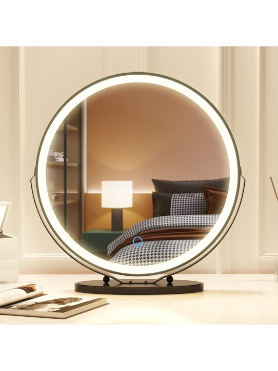 20 inch Vanity Mirror with Lights, Round LED Makeup Mirror, Large Makeup Mirror with Lights, High Definition Lighted Up Mirror for Bedroom, Touch Control 3 Color Dimmable, 360° Rotation, Black