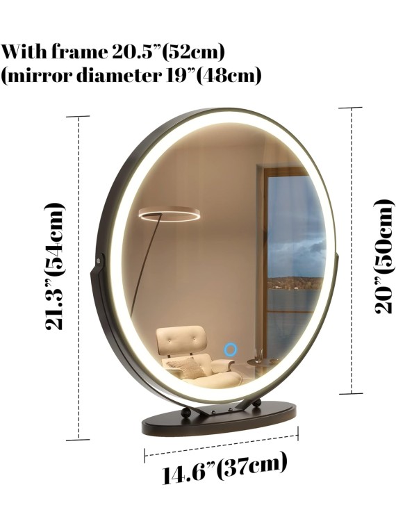 20 inch Vanity Mirror with Lights, Round LED Makeup Mirror, Large Makeup Mirror with Lights, High Definition Lighted Up Mirror for Bedroom, Touch Control 3 Color Dimmable, 360° Rotation, Black