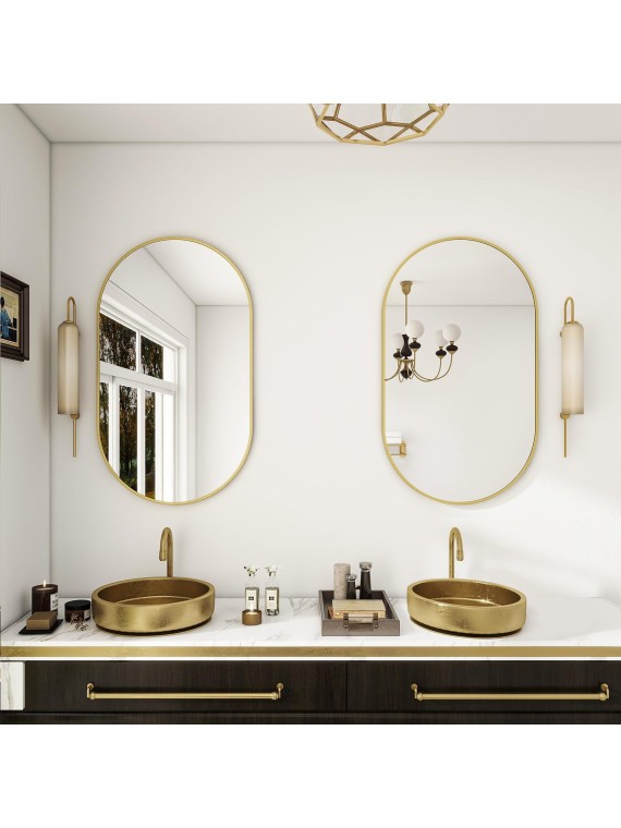 Wall Mounted Mirror, 22"x38" Oval Bathroom Mirror, Gold Vanity Wall Mirror w/Metal Frame for Vertical & Horizontal Hang, Ideal for Bedroom, Entryway, Living Room