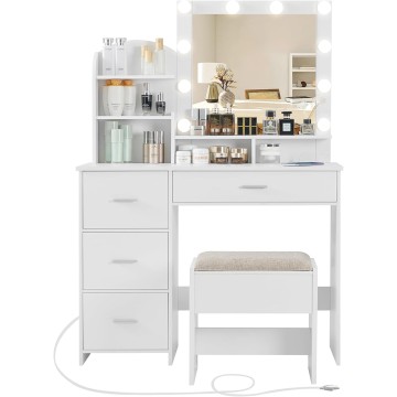 Makeup Vanity with 10 Light Bulbs and Charging Station, Vanity Desk with Lighted Mirror & 4 Drawers Chest, Vanity Set, Vanity Table Set with Cushioned Stool, for Bedroom,White