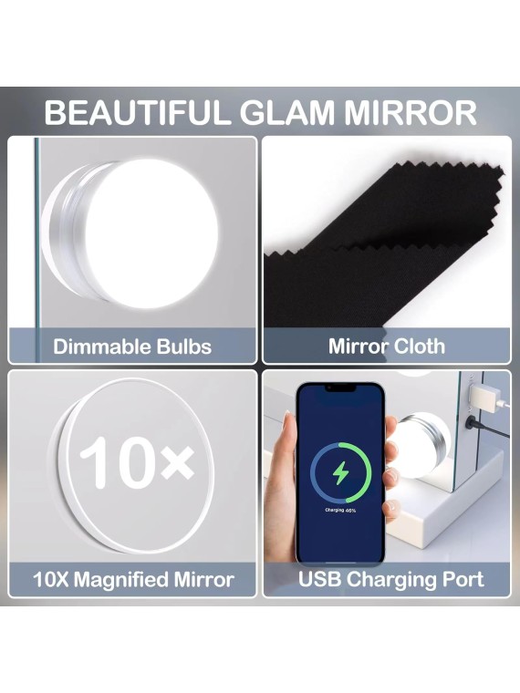 18 Extra Bulbs Vanity Mirror with Lights with USB & Type-C Charing, 32WX24L Tabletop Hollyhood Makeup Mirror, Lighted Vanity Mirror,3 Colors Modes,Touch Control,Metal Frame,White