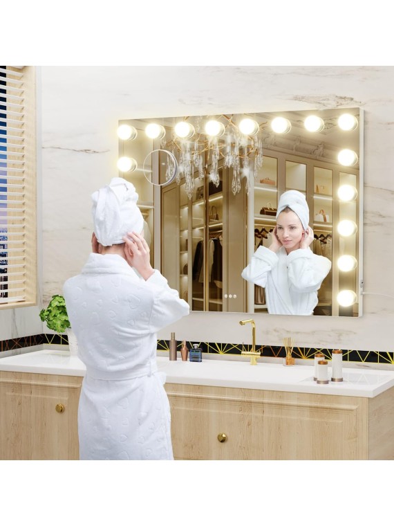 18 Extra Bulbs Vanity Mirror with Lights with USB & Type-C Charing, 32WX24L Tabletop Hollyhood Makeup Mirror, Lighted Vanity Mirror,3 Colors Modes,Touch Control,Metal Frame,White