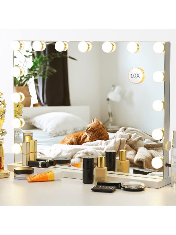 22.8"x 18.1" Vanity Makeup Mirror with Lights,10X Large Hollywood Lighted Vanity Mirror with 15 Dimmable LED Bulbs,3 Color Modes,Touch Control,Tabletop or Wall-Mounted, White, 1 Count