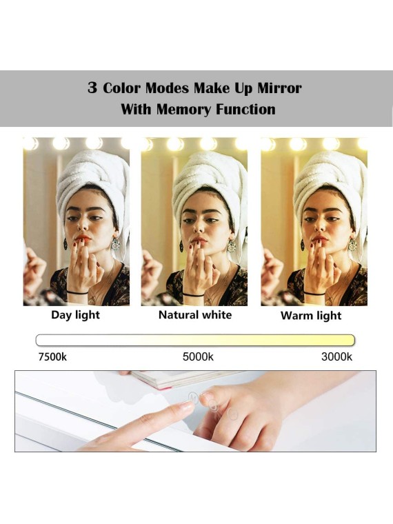 22.8"x 18.1" Vanity Makeup Mirror with Lights,10X Large Hollywood Lighted Vanity Mirror with 15 Dimmable LED Bulbs,3 Color Modes,Touch Control,Tabletop or Wall-Mounted, White, 1 Count